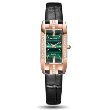 Imagem de ROCOSJEWE Relógio feminino elegante - pulseira de couro com mostrador verde, caixa de ouro rosa, relógio analógico de quartzo, relógio de pulso feminino moderno à prova d'água para presente