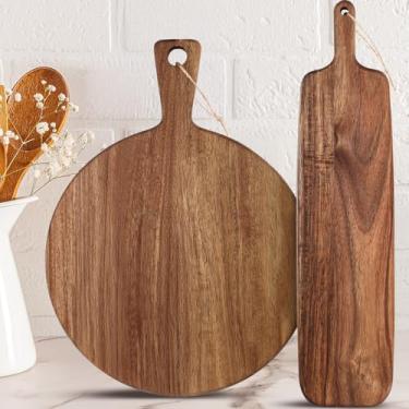 Imagem de Hsei 2 peças de tábua de corte de madeira de acácia com alça tábua de charcutaria de madeira grande conjunto de entalhe de manteiga bandeja de servir manteiga para pão de queijo, carne, frutas (alça
