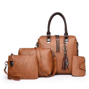 Imagem de Bolsa tiracolo feminina vintage, conjunto mãe-filha, couro sintético, macio, 4 peças, com borla, para uso diário, Marrom