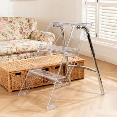 Imagem de Escada dobrável de acrílico com 3 degraus, banqueta dobrável de cozinha para adultos, pequena escada dobrável para armário, escada portátil para ambientes internos (transparente)