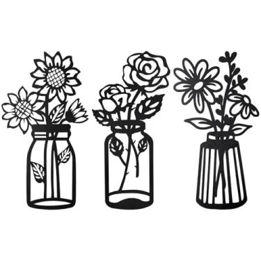 Imagem de Conjunto de 3 arte de parede de flor de metal rústico com pote de pedreiro e girassol, rosa, motivos de margarida, tapeçarias de parede de ferro preto para casa, cozinha e jardim