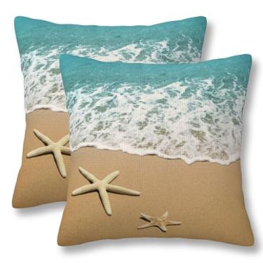 Imagem de ZYNTIRAX Capa de almofada de praia, estrela-do-mar, animal, litoral, areia, litoral, 50 x 50 cm, conjunto de 2 fronhas quadradas com tema de oceano náutico, capas de almofada quadradas para sofá de