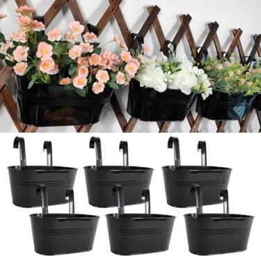 Imagem de Joyfernal Pacote com 6 vasos suspensos de metal para plantas ao ar livre, 25,4 cm, vasos de corrimão para decoração de jardim, pátio, varanda, balde de flores com ganchos removíveis (preto, 6 peças)