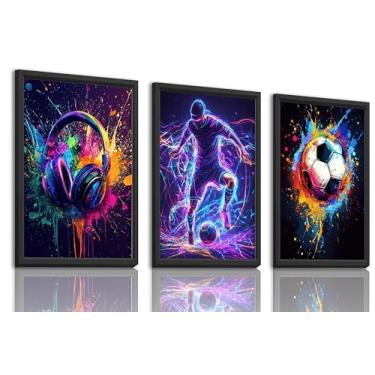 Imagem de 3 peças de arte de parede de futebol neon respingo de néon e imagens de decoração de parede de futebol coloridas vibrantes abstratas esportivas em tela para quarto de jogos decoração de parede sem