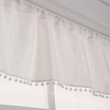 Imagem de Cortinas brancas boho de cozinha, sanefas para janelas sobre a pia de fazenda, cortinas curtas de café, bolso para varão, tratamento de janela, parte superior de cortina de linho, meia pequena, para