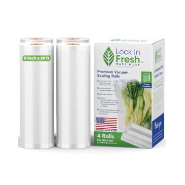 Imagem de Lock In Fresh Sacos seladores a vácuo para alimentos - Rolos de saco selador a vácuo resistente para economia de alimentos - Sous Vide, pacotes com 4, 20 x 50 cm - Feito nos EUA