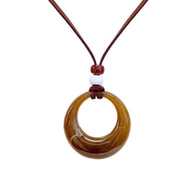 Imagem de Colar com pingente circular vintage, cordão de couro marrom, design de anel de resina âmbar