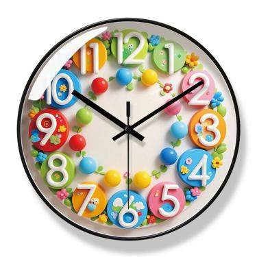 Imagem de Relógio de parede com design de desenho animado colorido com moldura de plástico de 30x30cm