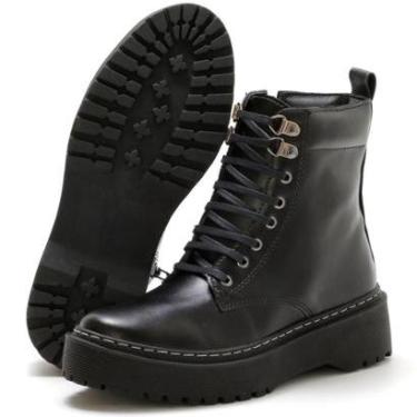 Imagem de Bota Coturno Feminina Cano Medio Lisa com Sola Tratorada Cadarço e Ziper-Feminino