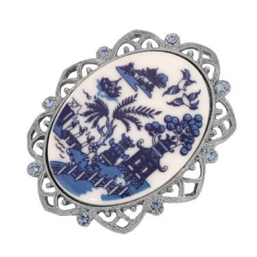Imagem de 1928 Joia Salgueiro Azul Pagode Luz Safira Cristal Oval Broche para Mulheres, Vintage Romântico Chinês Cerâmica e Porcelana Love Story Design Inspirado, Feito nos EUA