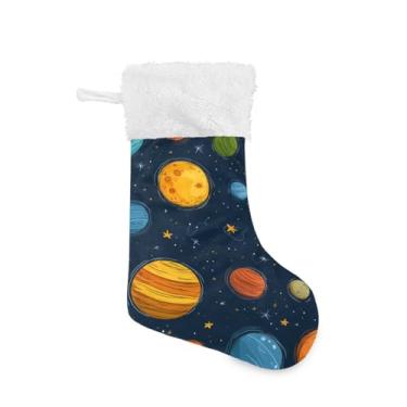 Imagem de ATTX Pacote com 2 meias de Natal com desenho animado sistema solar planetas com punho de pelúcia branco - Decoração de Natal para presentes, meia de 48 polegadas (489)