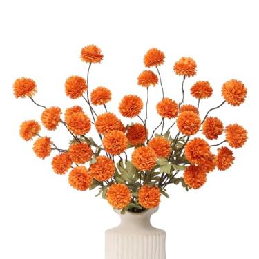 Imagem de DuHouse 6 peças de flores artificiais de seda sintética, mini bola de crisântemo de seda pequena com hastes para buquês de bricolage, vaso de mesa, decoração de cozinha (laranja)