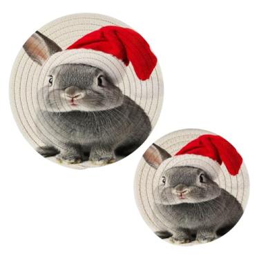 Imagem de Blueangle 2 peças de suporte de panela de coelho de Natal - conjunto de pegadores de panela de tecido redondo - almofadas quentes trançadas de algodão - porta-copos - tapetes de mesa para cozinhar e