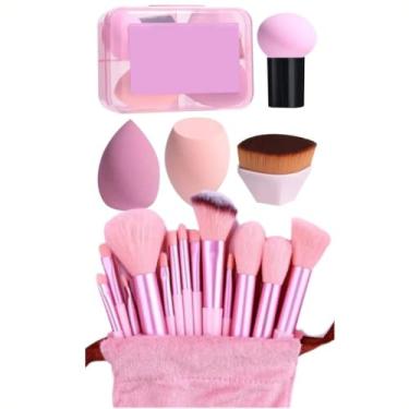 Imagem de Kit 13 Pinceis de Maquiagem + Pincel + Estojo de Esponjas (Rosa)