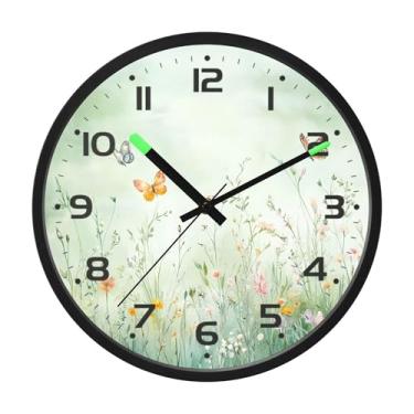 Imagem de SEHANY Relógio de parede com flores de ervas verdes, silencioso, sem tique-taque, relógio redondo operado por bateria, controle de som, luz noturna, relógios de parede para sala de estar, cozinha