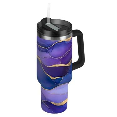 Imagem de SEHANY Copo de mármore roxo de 850 g com tampa e canudo, aço inoxidável de vácuo duplo isolado garrafa de água esportiva suporte para copo de café de viagem à prova de vazamento para bebida gelada