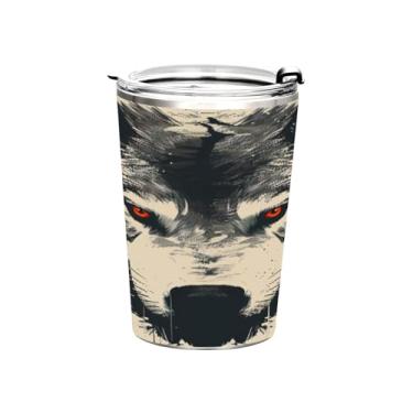 Imagem de Blueangle Copo de 340 g com tampa e canudo, copo de café com água isolada a vácuo de aço inoxidável, caneca de viagem com cabeça de lobo, copo térmico para bebidas quentes e frias (213)
