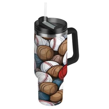 Imagem de Blueangle Copo padrão de bolas de beisebol de 1,134 g com alça e tampa de palha, caneca de viagem de aço inoxidável com isolamento a vácuo de parede dupla, garrafa de água reutilizável para academia