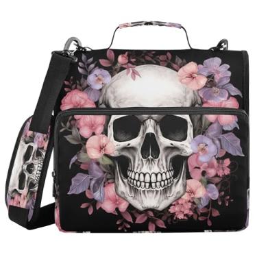 Imagem de SEHANY Fichário com zíper de caveira e flor com alça de ombro, capacidade para 500 folhas, vários bolsos, 3,8 cm, fichário com zíper com 3 anéis