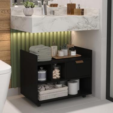Imagem de Gabinete de Banheiro com Rodízios e Gaveta – Armário Organizador Multiuso, Cores Diversas e Compacto para Lavabo(Preto)