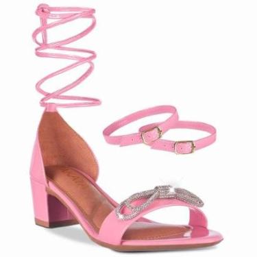 Imagem de Sandália Feminina Saltinho Bloco Quadrado Laço Strass Tira de Amarrar Verniz  A3.44-Feminino