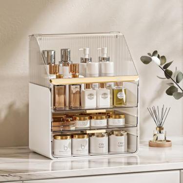 Imagem de Organizador de bancada de banheiro em forma de Z – penteadeira de 2 camadas com bandeja deslizante e gaveta para cuidados com a pele, maquiagem, perfume, cômoda de armazenamento de acrílico