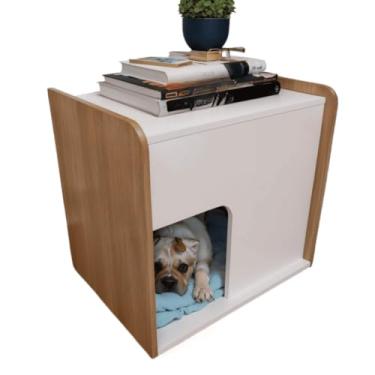 Imagem de Mesa de Cabeceira Cama Pet, Para Cães, 45x45x40 cm, Design Moderno e Confortável, Colchãozinho, criado mudo,mesinha de cabeceira(Branco com Amadeirado)