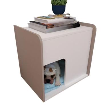 Imagem de Mesa de Cabeceira Cama Pet, Para Cães, 45x45x40 cm, Design Moderno e Confortável, Colchãozinho, criado mudo,mesinha de cabeceira(Branco com nude)