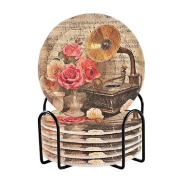 Imagem de Wassud Porta-copos com suporte vintage gramofone e rosas absorvente conjunto de porta-copos para decoração de casa, proteção de mesa, 6 peças