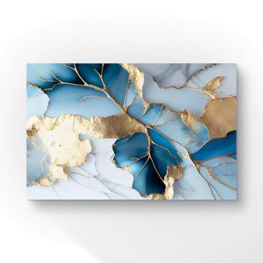 Imagem de Quadro Decorativo Arte Abstrata em Azul e Dourado, Estilo Moderno, Pintura com Efeito Mármore, Arte de Parede 60x40