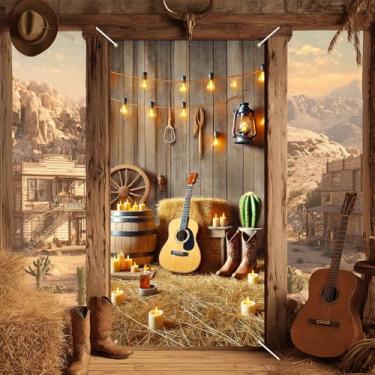 Imagem de BlissYard Capa de porta de cowboy ocidental decoração de festa de fazenda com botas de cowboy de guitarra e fardos de feno decorações rústicas do oeste selvagem faixa de parede de porta 71 x 35