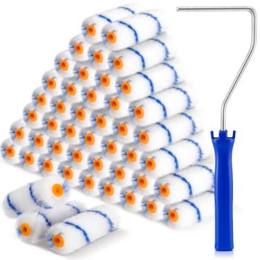 Imagem de Tioncy 50 peças de capas de rolo de pintura de microfibra de 10 cm a granel 1/2 polegada cochilo com 1 moldura de rolo de pintura para ferramentas de parede suprimentos de melhoria doméstica (azul)