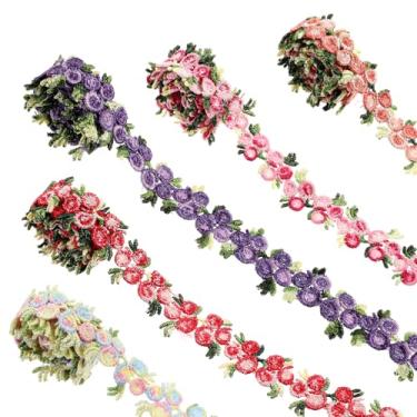 Imagem de Acabamento de fita de renda floral, aplique floral de renda faça você mesmo, acabamento de flores de renda rosa para decoração de costura 1 jarda de poliéster bordado rosa, 2,2 cm de largura para