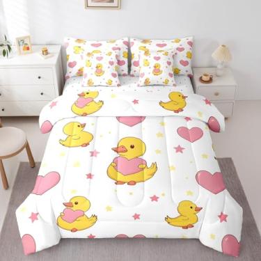 Imagem de Erosebridal Jogo de cama Queen com estampa de coração de pato e estrelas, romântico, fofo, para meninos, crianças, adolescentes, 7 peças, lençol com edredom