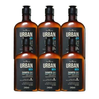 Imagem de Kit 6 Shampoo 3 Em 1 Barba Cabelo Bigode Masculino 240ml Urban Men Farmaervas
