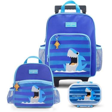 Imagem de Conjunto Mochila Com Rodinhas E Lancheira Térmica Com Pote P/ Lanche Azul