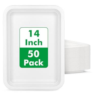 Imagem de Uniecocus Pacote com 50 bandejas descartáveis de 35,5 cm, pratos de papel grandes resistentes para servir alimentos, pratos compostáveis para lagosta, frutos do mar, ferver churrasco, pratos brancos