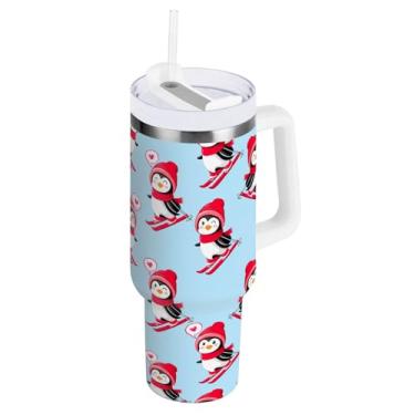 Imagem de ODAWA Copo de café grande para viagem com alça e palha, pinguins fofos para esqui e parede dupla