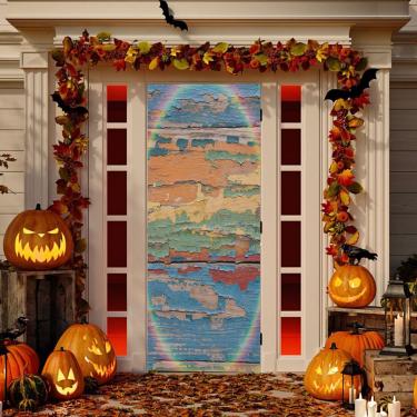 Imagem de SEHANY Capa de porta de madeira vintage, decoração de porta da frente, tecido de alta elasticidade, capa de porta de faixa para decoração de casa, festa festiva, 81 x 200 cm