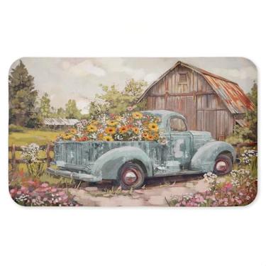 Imagem de Tapete antifadiga vintage caminhão com flores, tapete ergonômico acolchoado para cozinha e pé com suporte antiderrapante, tapete confortável ecológico, design por Nina Blue, 76 cm x 45 cm