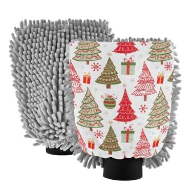 Imagem de ODAWA Luvas de lavagem de carro de microfibra Christmas Trees pacote com 2, luvas de lavagem de carro para canhão de espuma 20,5 cm x 30 cm