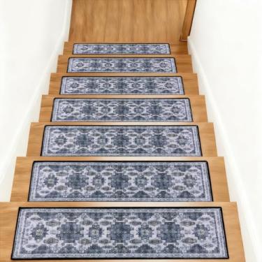 Imagem de KingMang Tapete de escada vintage Boho antiderrapante para degraus de madeira para uso interno, 15 peças, 76 x 20 cm, tapete de suporte TPR para escadas, escadas, para idosos e crianças, cães, cinza
