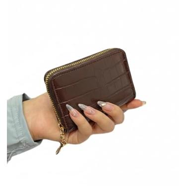 Imagem de Carteira feminina de couro genuíno com dobra dupla/tripla - Suporte minimalista para cartão de crédito com bloqueio de RFID e bolso para moedas, Café, Casual