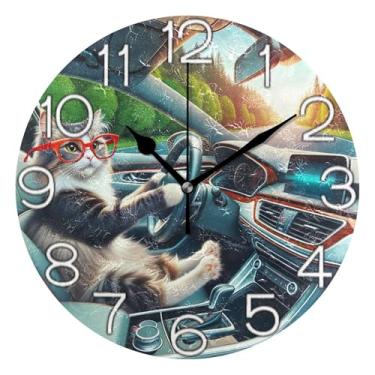 Imagem de GAIGEO Relógio de parede decorativo analógico escritório cozinha operado a bateria, decoração de parede moderna sala de estar gato motorista carro animal, 25 cm, ponteiros pretos