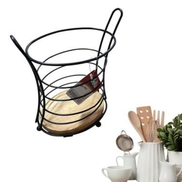 Imagem de Suporte para Talheres Aramado Ecowood, Aço e Madeira, Preto com Base Natural Mesa Posta Organiza Decora Cozinha Bancadas