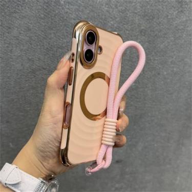 Imagem de Capa de celular luxuosa com alça de pulso e cordão para iPhone 15, 16 Plus, 11, 12, 13, 14 Pro Max, capa macia com ondulações d'água, rosa, para iPhone 15 Plus