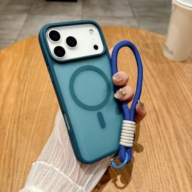 Imagem de Capa de celular luxuosa com alça de pulso e cordão à prova de choque para iPhone 16 Pro Max, 14, 15 Plus, 12, 13, capa de carregamento sem fio, azul, para iPhone 16 Plus