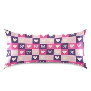 Imagem de Wassud Fronha de cetim xadrez para o dia dos namorados com laços de coração para cabelo e pele, fronhas de seda lisa, tamanho king size, respirável, com fecho de envelope