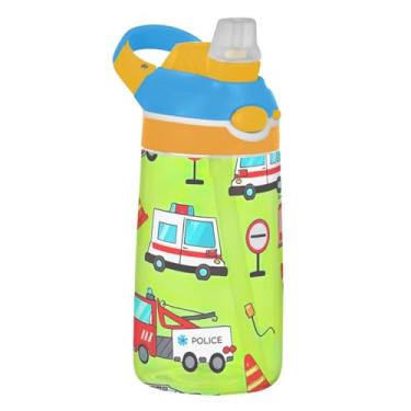 Imagem de Garrafa de água Tritan de 473 ml, reutilizável, 473 ml, com canudo à prova de vazamento, copos de viagem para crianças, alça de transporte, caminhões de bombeiros de desenho vermelho verde