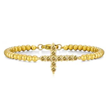 Imagem de Pulseira feminina com cruz de pedra do mês de nascimento, banhada a ouro 14 k, delicada, de aço inoxidável, zircônia cúbica, contas de fé, ajustável, moderna, joia de presente, Large, Aço inoxidável